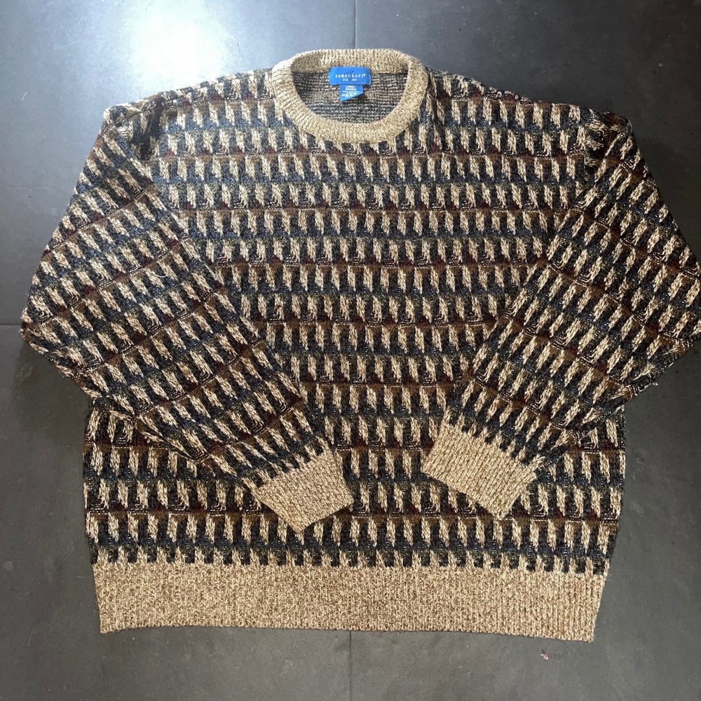 Towncraft Mens L Geometric Pattern Crew Neck Sweater Acrylic Warm Earth Tones‎